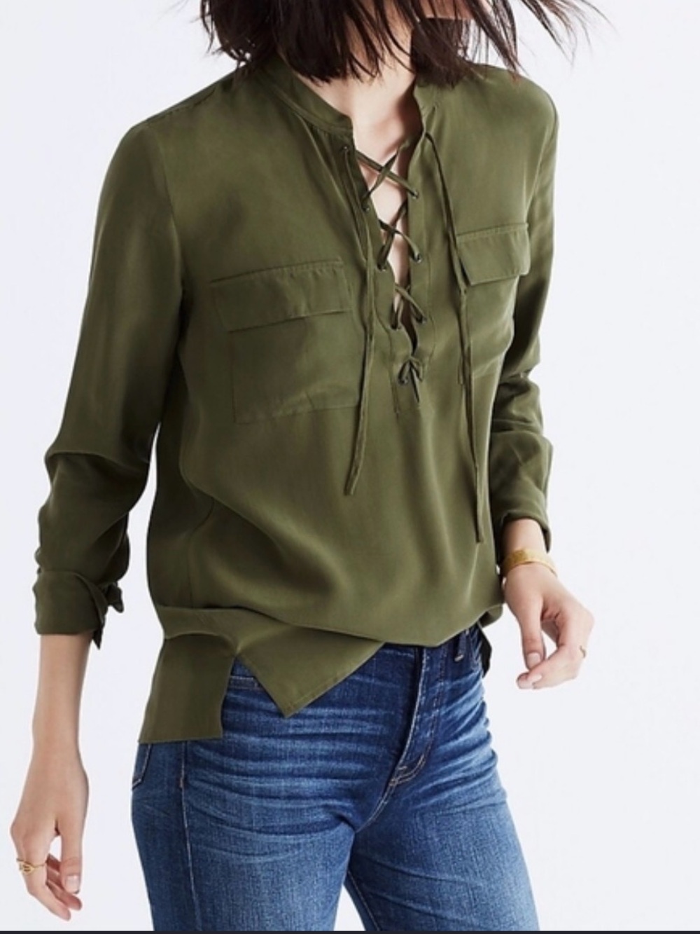 Madewell olive green blouse made from 100-% Silk Sz Lg